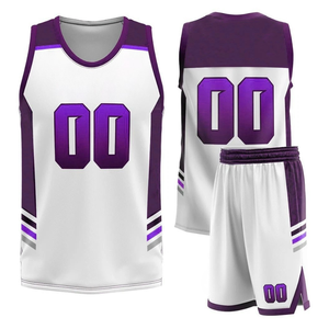 Conjunto de Uniforme de Baloncesto Sublimado Personalizado, Blanco y Morado, Cuello en V, Sin Mangas, Absorbente de Humedad, para Adultos, Unisex, Ropa de Equipo - Product Image 3