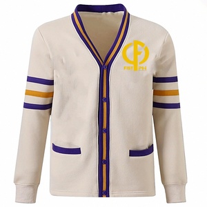 Cardigan en molleton pour homme avec logo brodé personnalisé, bordure rayée, boutons, style universitaire, crème, vente en gros OEM, directement de l'usine au Pakistan - Product Image 1