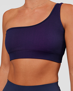 Soutien-gorge de sport côtelé asymétrique à une épaule pour femme, couleur unie, maintien moyen, respirant et sans coutures, idéal pour le yoga et l'entraînement - Product Image 4