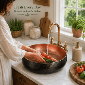 Handcrafted Dual Tone Hammered Copper Vessel Wash <b>Basin</b> <b>Round</b> Luxury Countertop Bathroom Sink Designer <b>Basin</b> for Home Hotel - Product Image 4