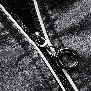 <b>Men's</b> Black And <b>White</b> PU Leather Moto <b>Jacket</b> Stand Collar Zipper Closure Regular Fit Color Blocking Autumn Wear - Product Image 6
