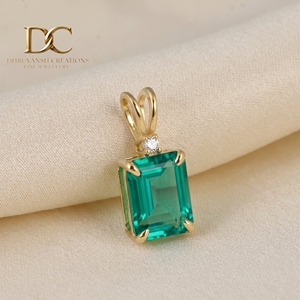 14KT <b>Solid</b> Yellow <b>Gold</b> Lab Grown Diamond & Colombian Emerald <b>Pendant</b> Charm Classic Solitaire Fine Jewelry for Women's - Product Image 6