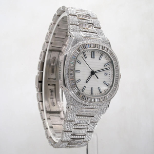 Montre de luxe avec boîtier en alliage, bracelet en acier inoxydable, verre saphir, lunette sertie de moissanite taille baguette, design glacé, mouvement automatique mécanique - Product Image 2