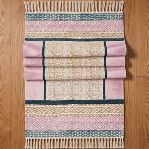 Tapis de sol artisanal en coton, style bohème, lavable, antidérapant, écologique, imprimé au bloc, tissage plat, pour salon, chambre, intérieur - Product Image 6