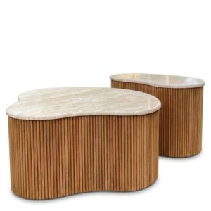 Mesa de Centro de Madera de Teca Premium para Exteriores, Mesa Nido de Lujo con Base Acanalada Moderna, Mesa de Piedra para Hotel o Resort - Product Image 1