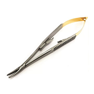 Porte-aiguille courbé Castroviejo en acier inoxydable de qualité supérieure, mâchoires fines de 9 mm, pointes affûtées, 125 mm x 0,8 mm - Product Image 1