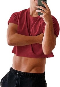 T-shirt court pour homme, rouge, manches courtes, col rond, couleur unie, décontracté, tricoté, coupe ajustée - Product Image 2