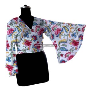 Crop top indien en coton fait main pour femme, manches cloche, haut à nouer devant, coupe ample, style débardeur, vintage, taille unique, décontracté - Product Image 1