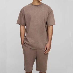 Ensemble T-shirt et short en coton épais respirant uni délavé pour homme – Tenue décontractée d'été toutes tailles - Product Image 1