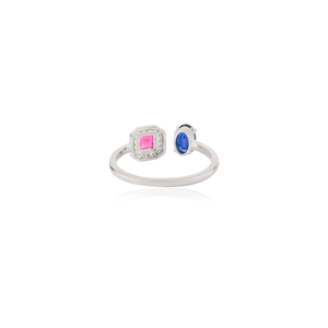 Bague en or blanc 14 carats Toi et Moi avec halo de diamants rubis et saphir - Product Image 6