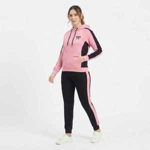 Survêtement à capuche pour femme, rose et noir, à blocs de couleur, manches longues, décontracté, avec cordon de serrage et poches latérales, pour l'automne - Product Image 3