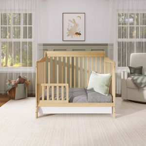 Cuna convertible 4 en 1 de madera maciza con barandilla, cama para niños pequeños para dormitorio infantil, muebles de madera seguros para bebés - Product Image 3