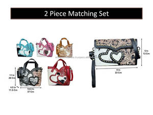 New Arrival Hand Tooled Leather Cowhide Heart Design Messenger Bag Set Western Floral Satchel Bag with Matching Wallet for Women - Product Image 2