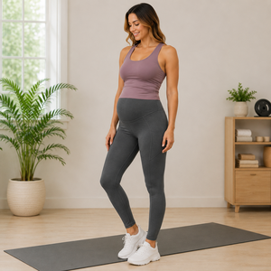 Collants de maternité taille haute pour l'entraînement, gris uni, extensibles, coupe régulière, en nylon et élasthanne, pour femme, été - Product Image 1
