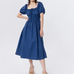 Square Neck A-Line Midi <b>Dress</b> Cap Sleeve <b>Elastic</b> Waist Loose Fit Solid Color Breathable Woven Cotton Casual Summer <b>Dress</b> - Product Image 4