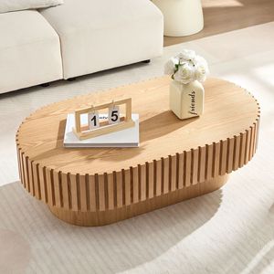 43.70-Inch Modern Handcrafted <b>Oval</b> Drum <b>Coffee</b> <b>Table</b> with Sturdy Pedestal Small Wooden Design for Living Room - Product Image 5