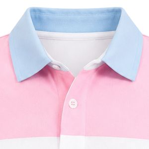 Pink White Light Blue Striped Polo <b>Shirt</b> with Jack & Jill Crest Patch Short Sleeve Color Block Collared Button Front Casual Golf - Product Image 2