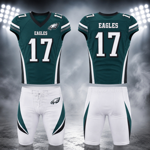 Ensemble de maillot de football américain des Eagles, 17 pièces, sublimé, col en V, manches courtes, ajusté, anti-humidité, pantalon uniforme blanc et vert - Product Image 1