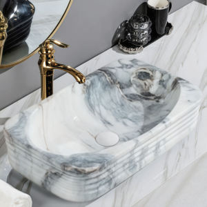 Lavabo de salle de bain d'hôtel en marbre naturel fait main, motif unique, écologique, durable, avec transfert d'eau, pour une touche d'art et de luxe - Product Image 1