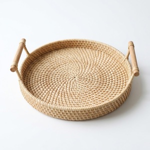 Hand-Woven Natural Rattan Serving <b>Tray</b> with Handles <b>Round</b> Wicker Storage Basket for Coffee <b>Table</b> Breakfast Food & Fruit Display - Product Image 1