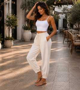 Pantalones Harem 100% Algodón Puro |   Pantalones casuales de cintura media con frente plano y efecto lavado, transpirables para verano - Product Image 1
