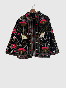 Hand Embroidered Floral Mandarin Collar Jacket Full Sleeve Batwing Plus Size Women'<b>s</b> Cotton Outerwear Autumn Wear - Product Image 1