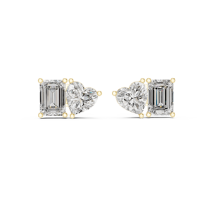 Brilliant Heart & <b>Emerald</b> Cut Toi Et Moi <b>Stud</b> Earrings Made From 14K Yellow Gold Lab Grown Diamond Two Stone Jewelry For Women - Product Image 3