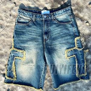 Shorts en jean baggy vintage pour homme, en coton, longueur genou, avec broderie croisée personnalisée, style streetwear estival - Product Image 6