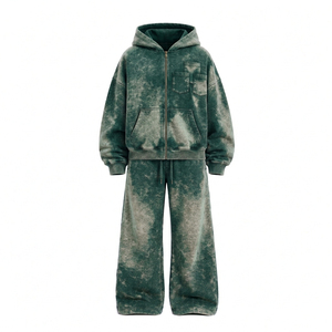Conjunto Deportivo Unisex con Sudadera con Cierre Verde Lavado Ácido y Pantalones Anchos de Pierna Ancha, Estilo Urbano de 2 Piezas - Product Image 1