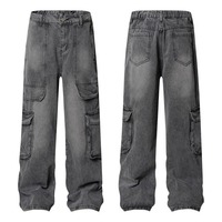 Özel Tasarım Günlük Taktiksel Kimyasal Yıkama Örme Çevre Dostu Kargo Premium Kalite Denim Kot Pantolon Düz Paça Bol Kesim Çok Cepli