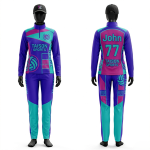 Traje de entrenamiento de voleibol para mujer, premium, de poliéster y spandex, con paneles morados y verde azulado, logotipo personalizado por sublimación, transpirable y elástico. - Product Image 1