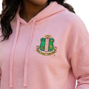 Sudadera con Capucha Corta de Felpa Rosa Claro para Mujer, con Estampado del Escudo Verde, Ropa de la Hermandad Griega Bella Canvas, OEM ODM - Product Image 2