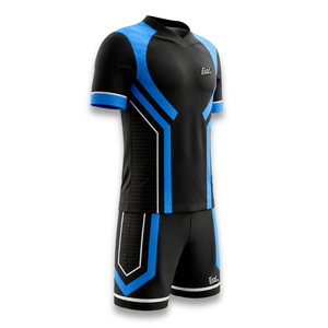 Custom Men's Black Blue Soccer Jersey Shorts Set V-Neck Short Sleeve <b>Moisture</b> Wicking Breathable Athletic Fit - Product Image 3