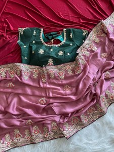 Sari de Seda Fandy con Bordado Dorado Real, Sari de Diseño Lujoso y Brillante, Sari Elegante con Borde Dorado, Sari de Seda Fandy con Borde Real - Product Image 5