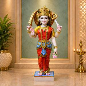 Santoshi Maa Murti en marbre sur socle avec lotus |   Idole de Santoshi Mata à quatre bras et statue en marbre artisanale |   MALIYAS Jaipur - Product Image 3