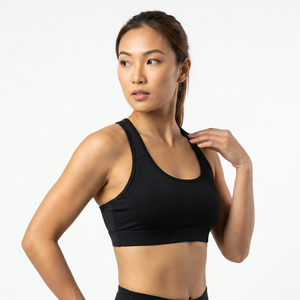 Sujetador deportivo negro para mujer con espalda cruzada, soporte medio, top de yoga y fitness, color liso, transpirable, de elastano y poliéster - Product Image 3
