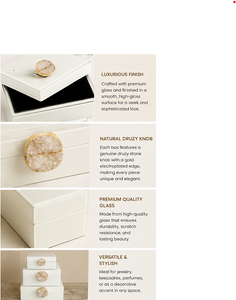 <b>White</b> Glass Jewelry Storage Box <b>Set</b> with Natural Druzy Stone Knob Glossy Finish Decorative Keepsake and Vanity Organizer - Product Image 3