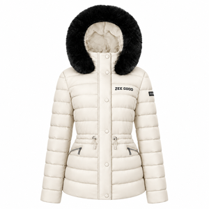 Veste d'hiver beige pour femme en gros avec capuche en fourrure amovible, manteau décontracté élégant style streetwear, vêtement d'extérieur rembourré - Product Image 1