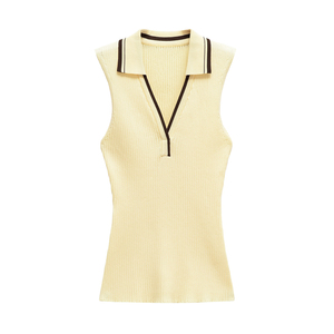 Chaleco de punto acanalado sin mangas para mujer, estilo polo, cuello vuelto, camiseta sin mangas de algodón a rayas - Product Image 3