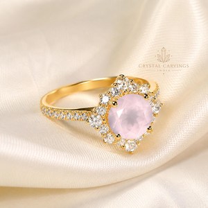 Natural Rose Quartz Halo Ring Round Pink Gemstone Engagement Ring Floral <b>Cluster</b> Promise Ring for Women - Product Image 2