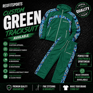 REXFIT SPORTS 2026 Custom <b>Men</b>’s Green Hooded Tracksuit Set Full Zip <b>Jacket</b> and Pants Printed Panels Custom Sportswear - Product Image 1