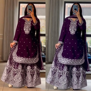 Salwar Kameez <span class=keywords><strong>Etnico</strong></span> da Donna per Feste, in Pura Seta Chinnon, Stile <span class=keywords><strong>Moderno</strong></span>, Asciugatura Rapida, Nuovo Colore, Completo Gharara - Product Image 6