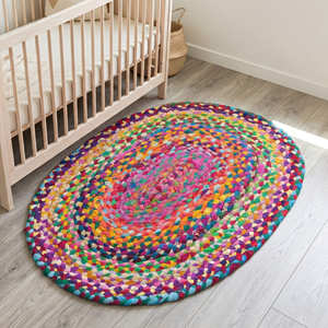 4' x 6' <b>Round</b> Braided Recycled Cotton Chindi Rug for Nursery Kids Room Boho Scandinavian & Cottage Home - Product Image 1
