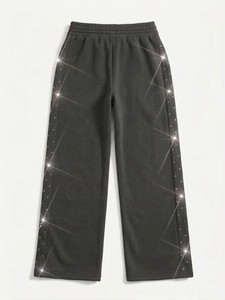 Pantalon de survêtement noir de luxe pour femme, coupe droite et large, en molleton doux et de qualité supérieure, décontracté, coupe ample, style streetwear moderne - Product Image 5