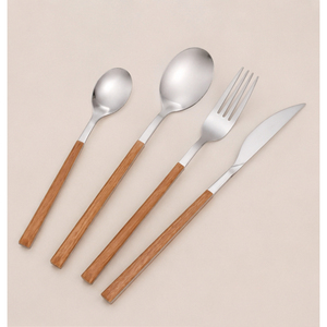 Ensemble de couverts modernes en acier inoxydable avec manche en bois, couverts de table occidentaux modernes, cuillère, fourchette, couteau polis miroir - Product Image 3