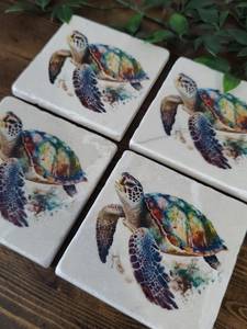 Posavasos rústicos de mármol con diseño de tortuga marina, decoración náutica costera para el hogar, juego de 4 - Product Image 2