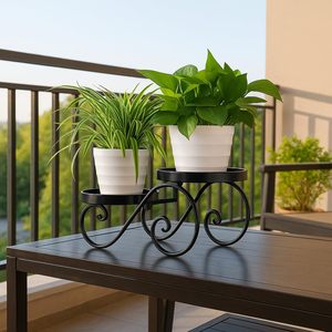 Soporte de Metal Negro de 2 Niveles para Plantas con Diseño Decorativo de Volteos, Soporte para Macetas de Interior y Exterior para Jardín, Balcón, Patio - Product Image 2
