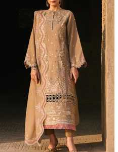 Kurta beige brodée avec bordure rose, longueur cheville, vêtement décontracté traditionnel indien pakistanais pour femmes, en coton, coupe ample - Product Image 1