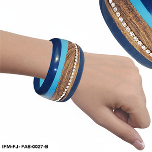 Handcrafted Multilayer Wooden & Resin Statement Bangle Bohemian Blue Contrast <b>Wristband</b> with Rhinestone Accents - Product Image 3