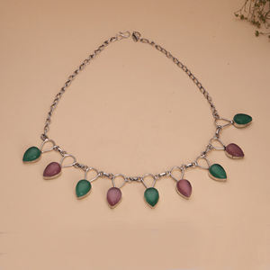 Collar de Cadena con Cuentas Étnicas Chapado en Plata Antigua para Mujer, con Piedra en Forma de Lágrima Verde y Rosa, Regalo de Aniversario - Product Image 4